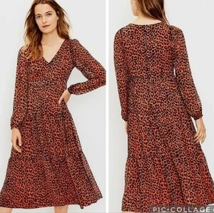 LOFT Leopard Print‎ Tiered V-Neck Midi Dress Size 10 Brown Black Fall Office